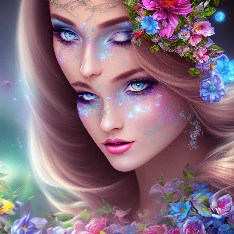 bright fairy, beautiful portrait, flowery landscape