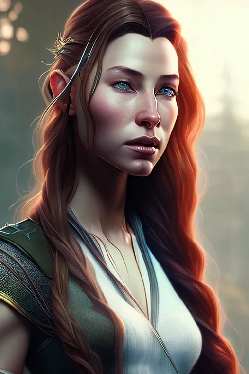 Tauriel, by Cedric Peyravernay, complete full body in frame, delicate traits, symmetric eyes, every part of the body represented in the frame