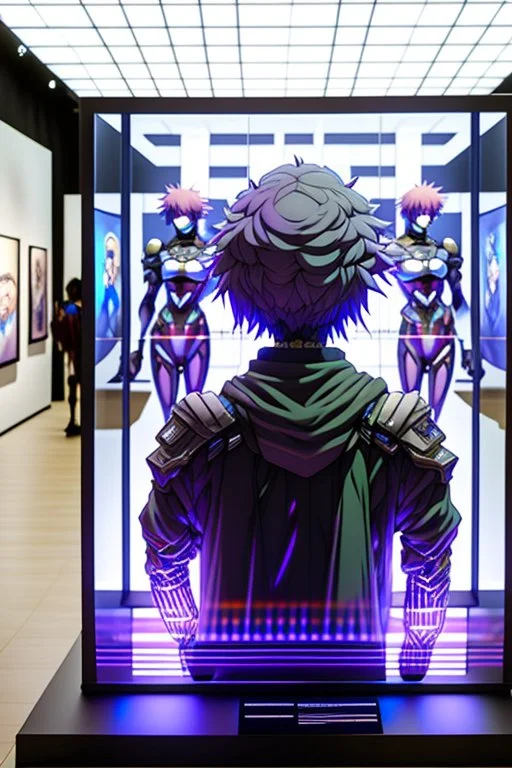 highly detailed and ultra realistic hologram of an anime character, futuristic display in a gallery, highly detailed