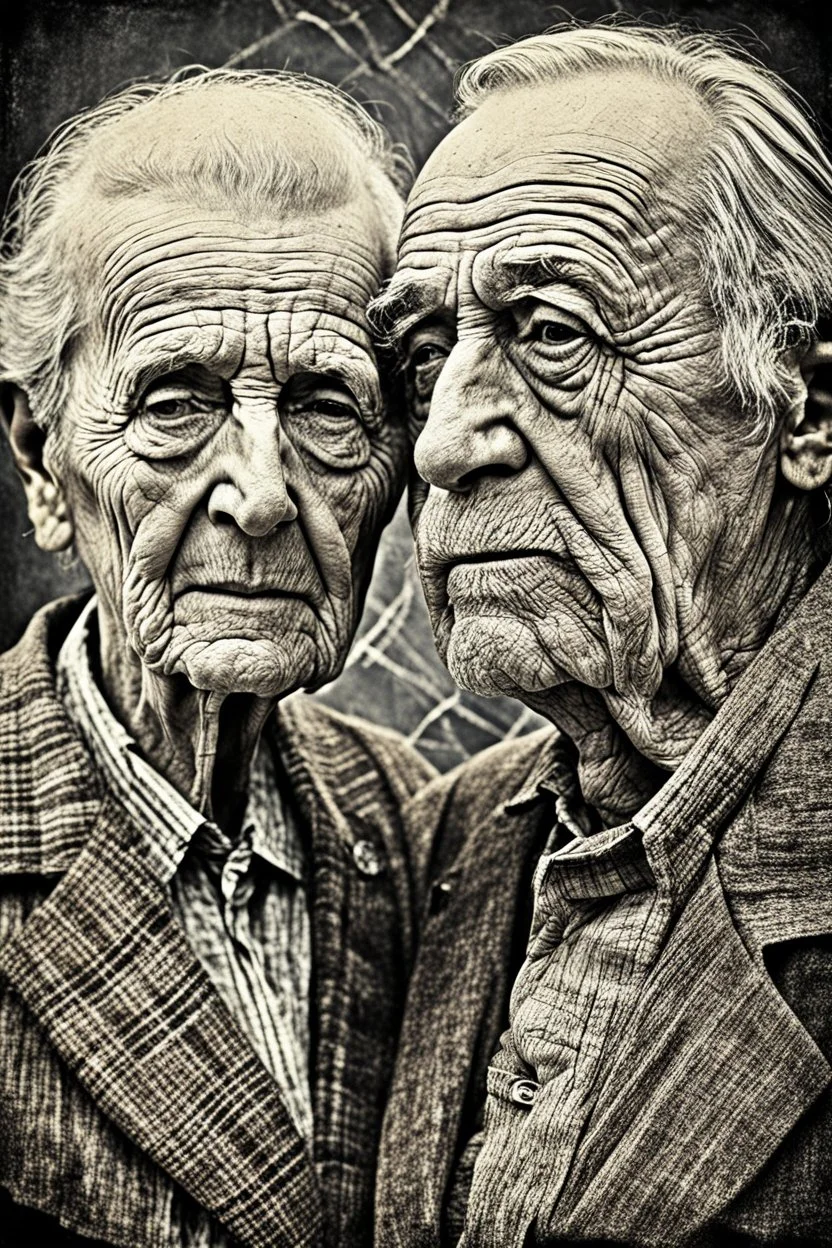 an old couple faces olae vintage photo with stronge glich technique, grey-brown, defects, graininess, white noise, lines, scratches, glitch art