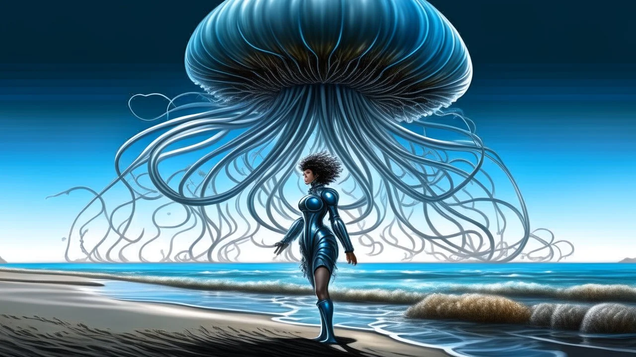 Wide-angle shot of a woman, standing to one side on a beach with huge waves, with dark hair in a silver robotic catsuit, many large blue jellyfish shaped like mushrooms with tentacles floating high up in the air, masterpiece, best quality, super detailed