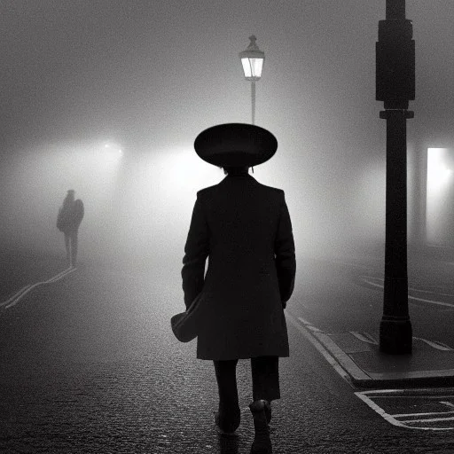 a man wearing a trench coat and hat walking down the street of london, lots of fog, dramatic, dramatic lighting, volumetric lighting, hyperrealism, 8k, high quality, photorealistic, lot of details