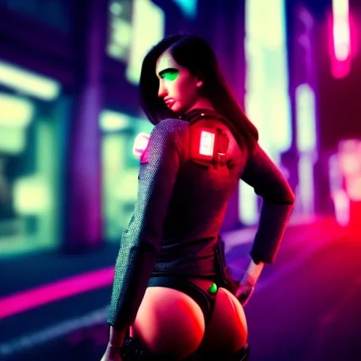 Half women half cyborg, butt shot redlight district, cyberpunk