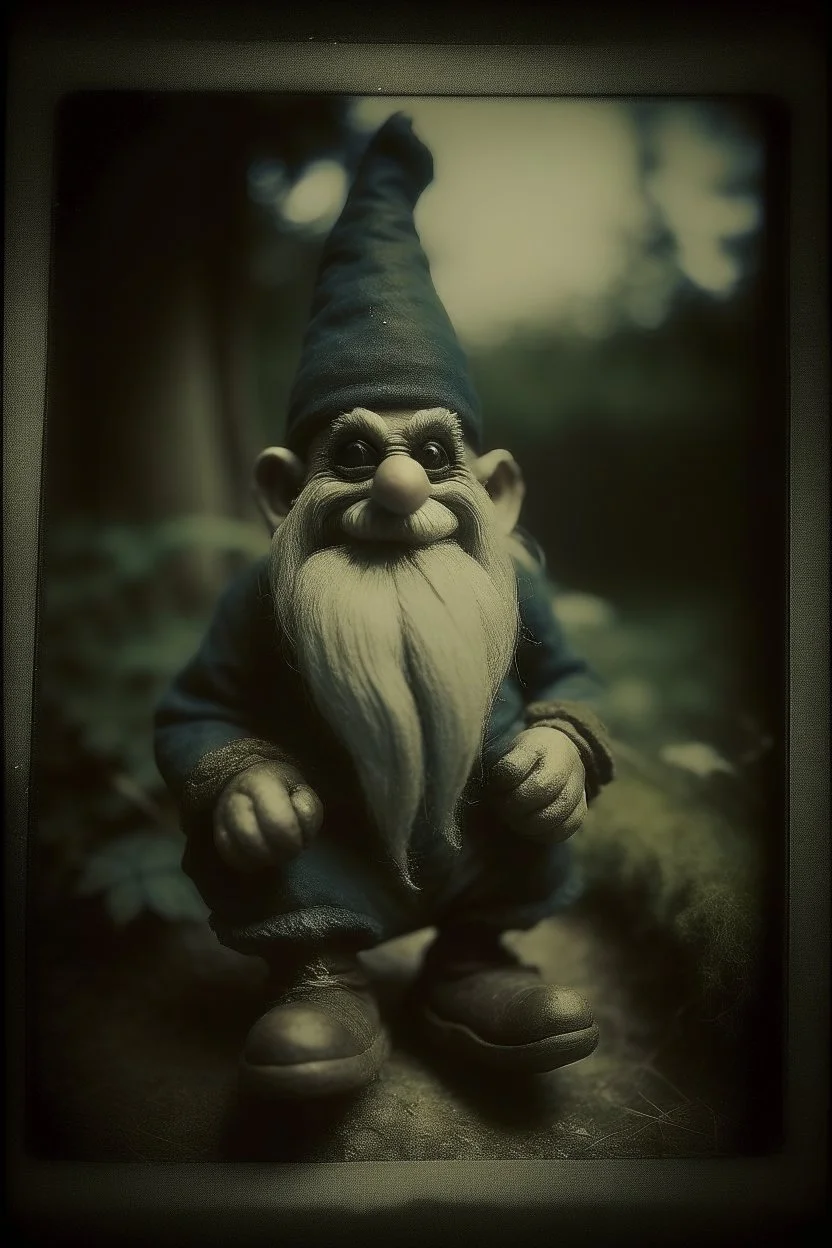 Polaroid picture of a gnome. Dark fantasy style