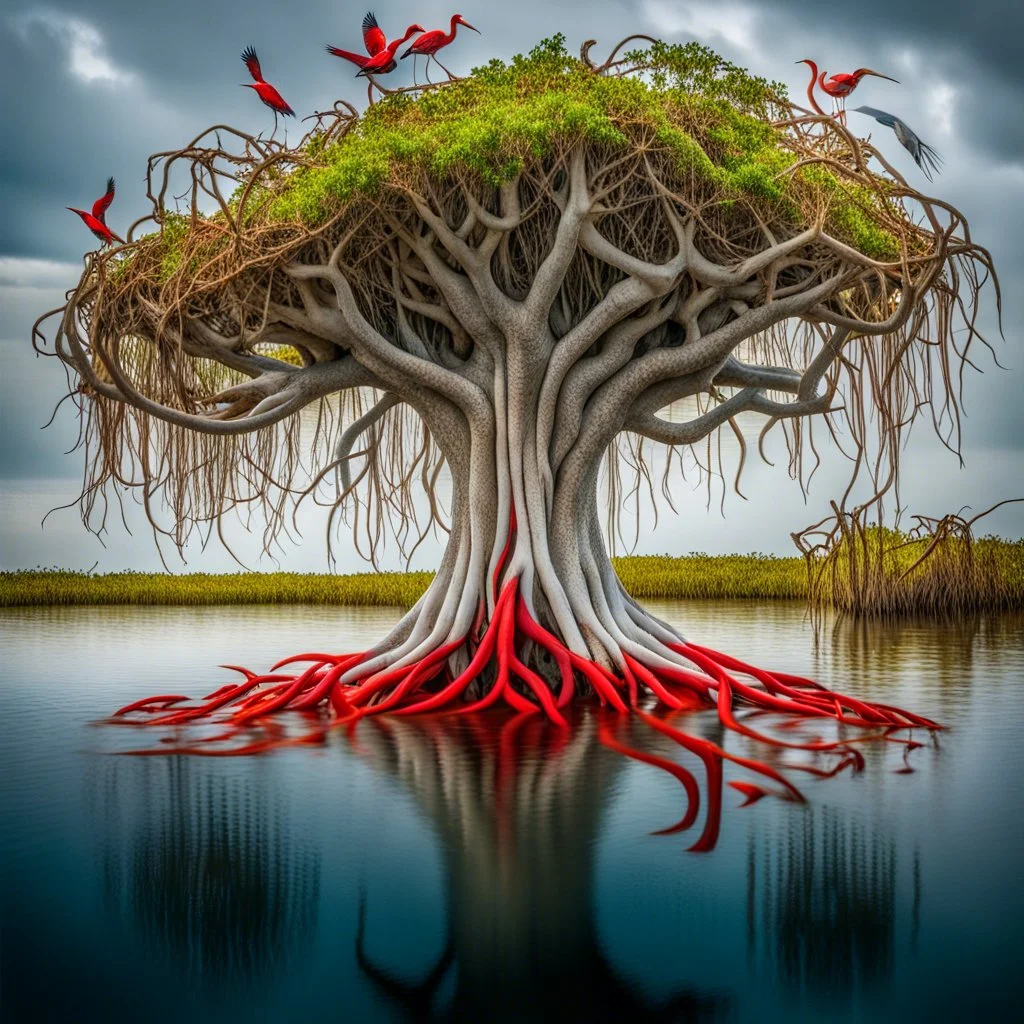 Watched a show about the Everglades, and found this fascinating. Birds exist on the top of tree, and fish in the roots. Bing prompt: a beautiful mangrove tree , with the root system under water in the Everglades, with fish and creatures living in the twisted roots, the image shows the bottom in water and the top has a red duckbill bird and a white heron living in the top of tree.