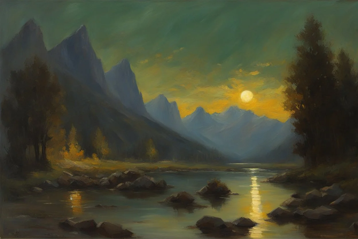 mistery night, mountains, rocks, river, epic, gothic and witchcraft influence, wilfrid de glehn and anna boch impressionism paintings