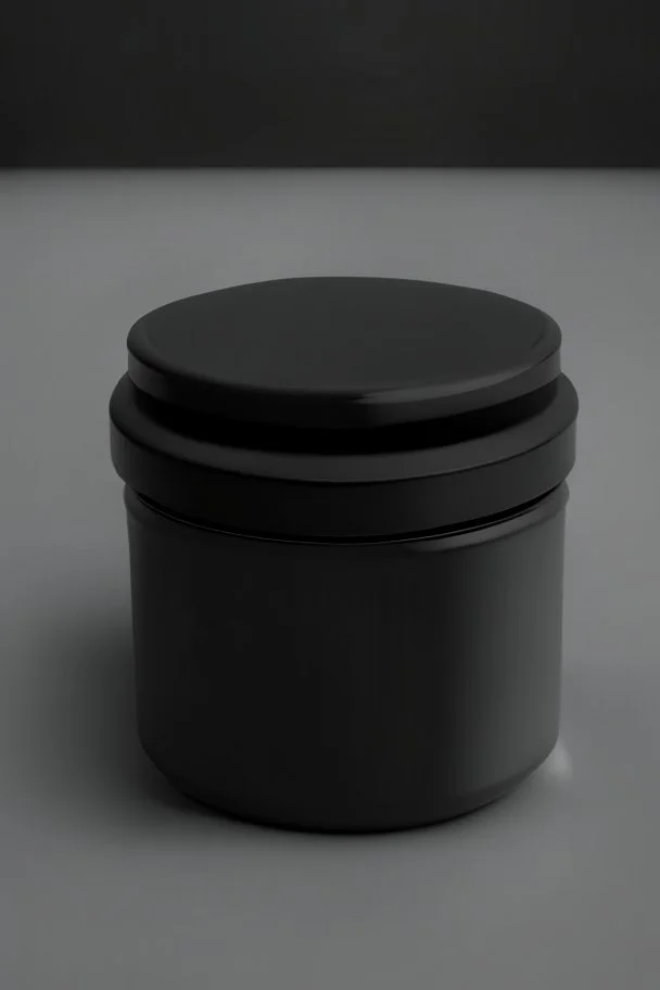 black container, plastic, realism, with screw lid, no labels, round container, view from the front, dark studio setting