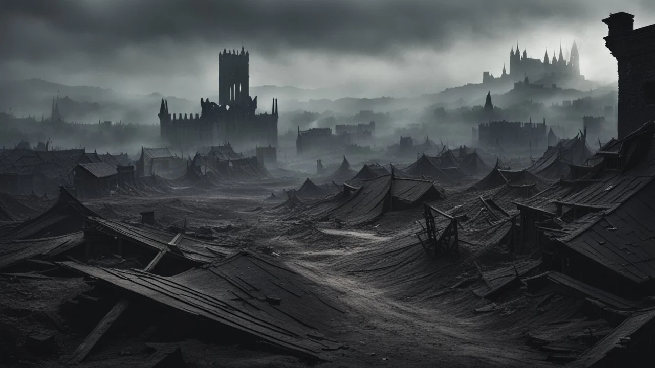 an apocalyptic flat landscape covered in dark gray dust. destroyed medieval town in the far distance. dead dragons. dark grey mist. seen from the ground. fantasy, horror. no trees