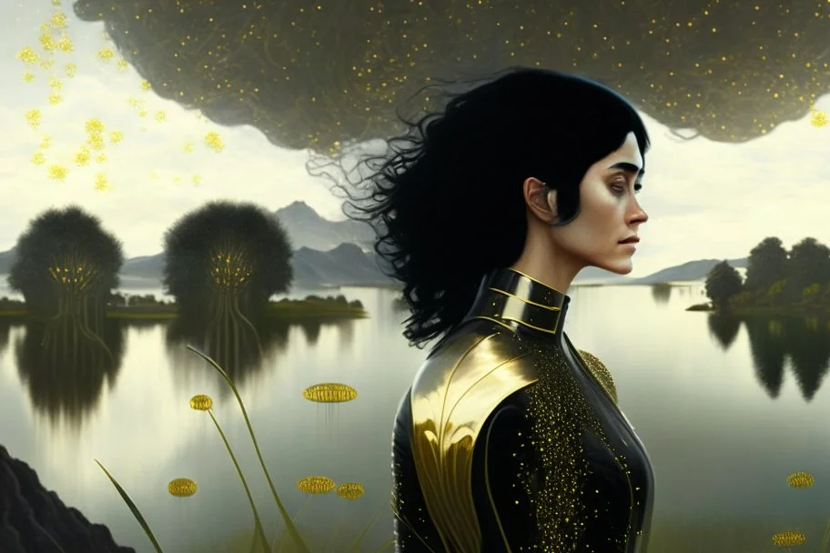 Photorealistic skinny woman with black hair, in a gold and black android suit, standing, looking out over a lake, with flying dandelion heads with octopus tentacles, with tall narrow cloud trees in the distance