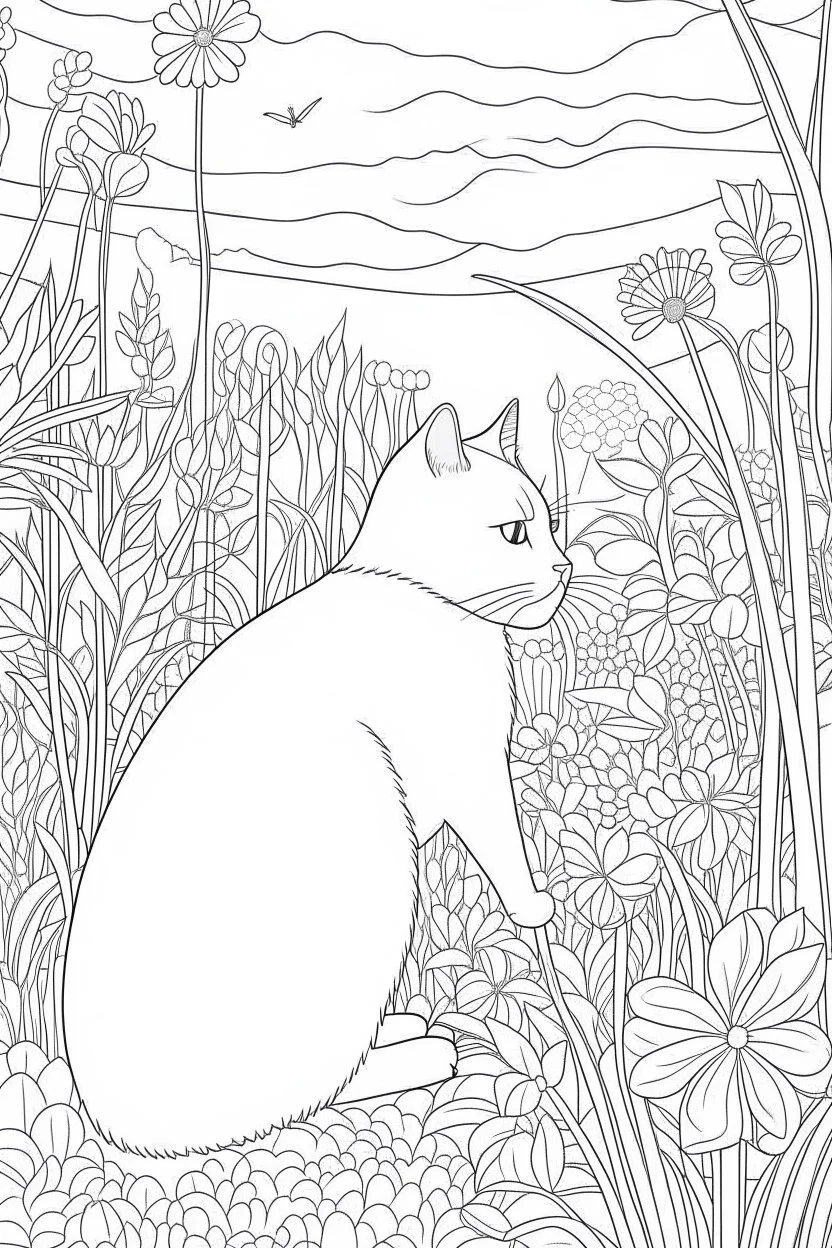 coloring page, nature, relaxing, cat garden" full view, realistic, coloring page, only draw lines, coloring book, clean line art, –no sketch, color, –ar 3:4, white background, minimalistic black lines, minimal black color, low level black colors, coloring page, avoid thick black colors, thin black line art, avoid colors, perfect shape, perfect clear lines,