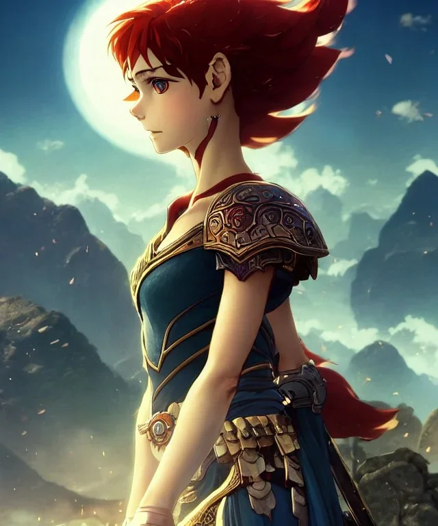 portrait, beautiful stunning warrior goddess, babycore red short hair, ice eyes, fantasy atmosphere, styled by Corrado Vanelli, Norman Rockwell, Boris Vallejo super detailed, Studio Ghibli, Anime Key Visual, by Makoto Shinkai, Deep Color, Intricate, 8k resolution concept art, Natural Lighting, Beautiful Composition