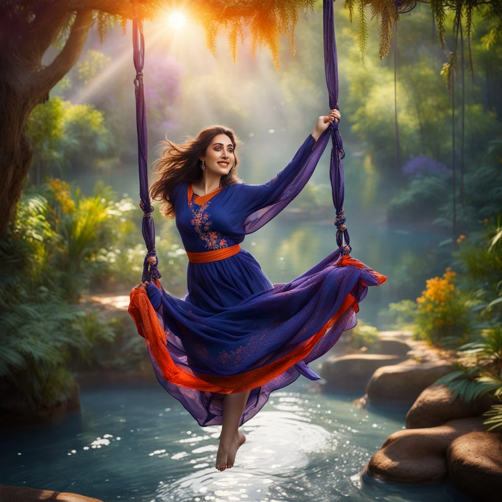 Hyper Realistic Photographic-Zoomed-View Of Young Beautiful Pashto Woman Wearing Navy-Blue-Dress-&-Purple-Shawl-With-Orange-Embroidery Happily Swinging on a Swing Above A Spring-Water inside a beautiful jungle with sun-rays showing dramatic & cinematic ambiance.