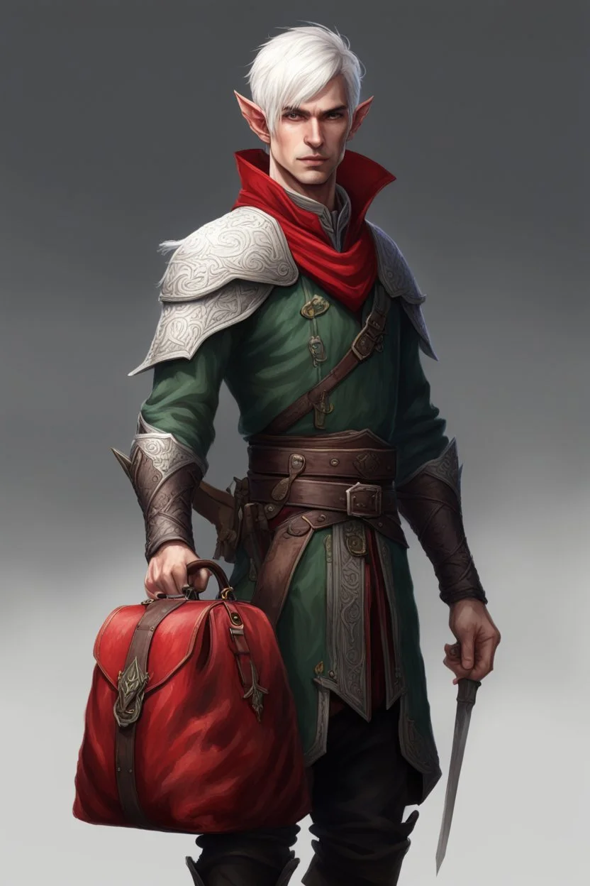 Elven magistrate, 28 years old, with short white hair, carrying a red saddlebag in his hands