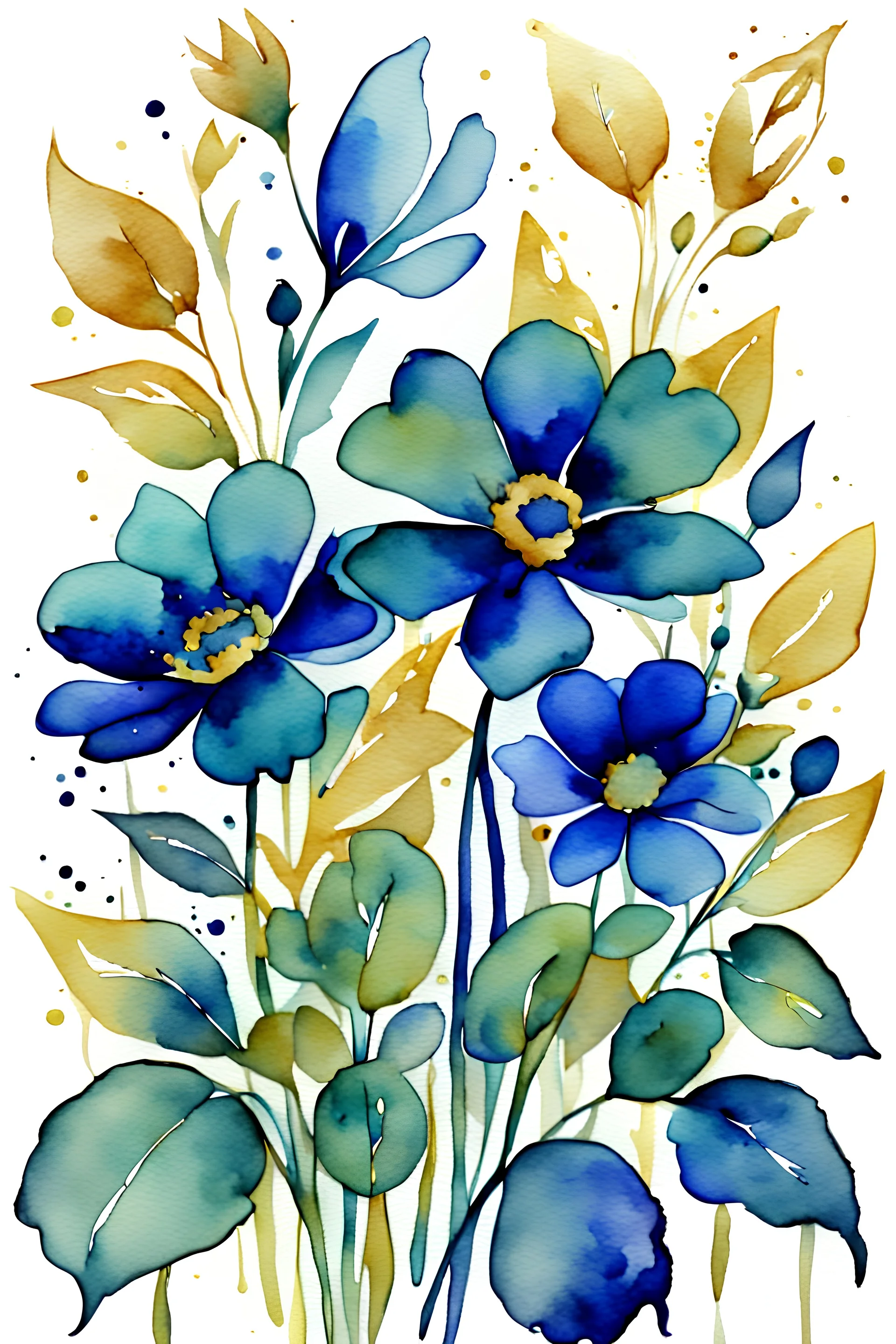 watercolor abstract big BLUE flowers with GREEN golden outlines on white background