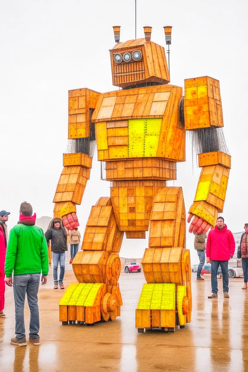 little people looking at huge dancin giant robot of vitalik buterin at burning man festival in the rain