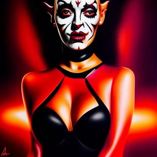 Ultra detailed fullbody Portrait in oil on canvas of busty ana de armas as female Darth Maul,wearing a skintight suit, extremely detailed digital painting,extremely detailed face,crystal clear Big eyes, mystical colors ,perfectly centered image, perfect composition, rim light, beautiful lighting,masterpiece,8k, stunning scene, raytracing, anatomically correct, in the style of Wizyakuza and robert e howard and InHyuk Lee and Ohrai Noriyoshi and Simon Bisley.