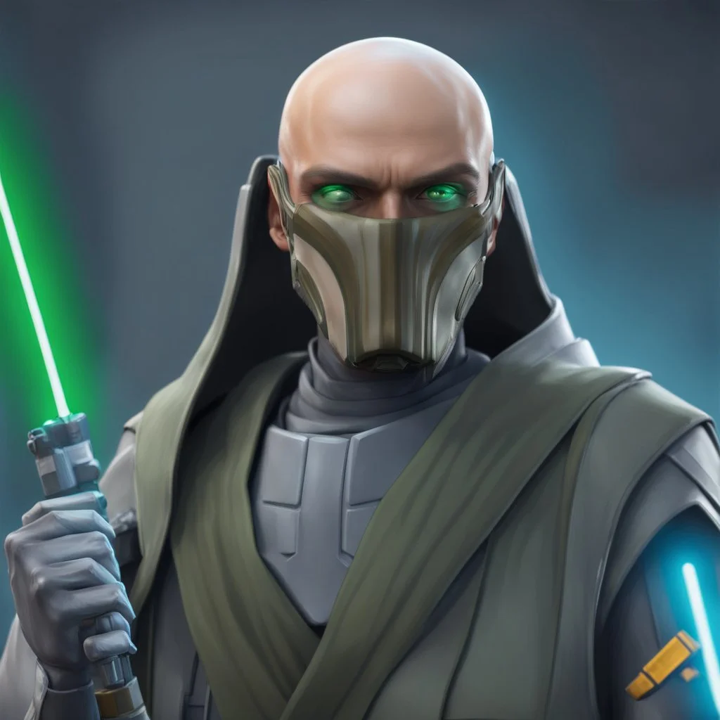 star wars bald male corellian jedi pilot wearing black and olive drab old republic armored flightsuit with gold trim inside the jedi temple holding a lightsaber with viridian green blade in left hand, centered head and shoulders portrait, hyperdetailed, dynamic lighting, hyperdetailed background, 8k resolution, volumetric lighting, light skin, fully symmetric details