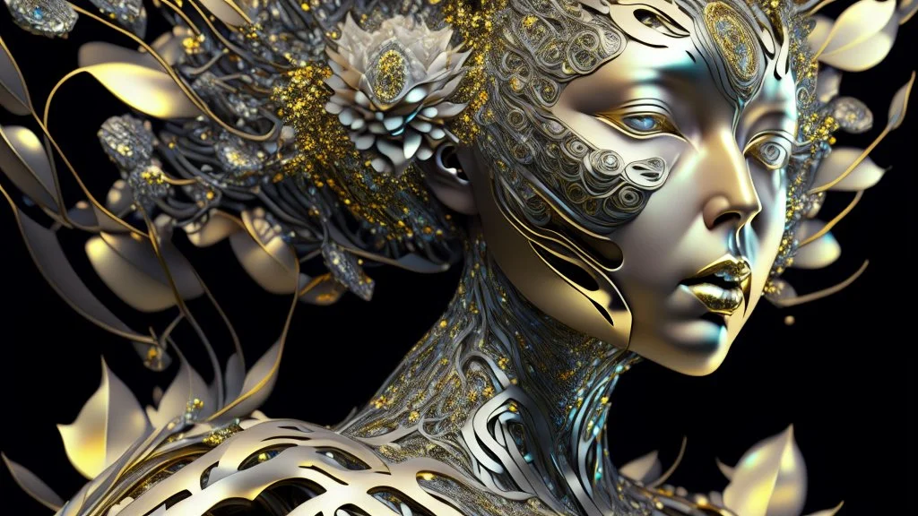 figure of a woman, art from the "art of control" collection by Jasper Harvey, in the style of futuristic optics, silver and gold, flower, bird, plant branches, detailed facial features, swirling vortices, 8k 3d, bizarre cyborgs made of crystals, high detail, high resolution, 8K