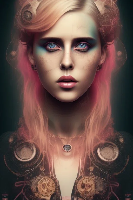 Danish singer MØ face,Abstract steampunk, pink tones,