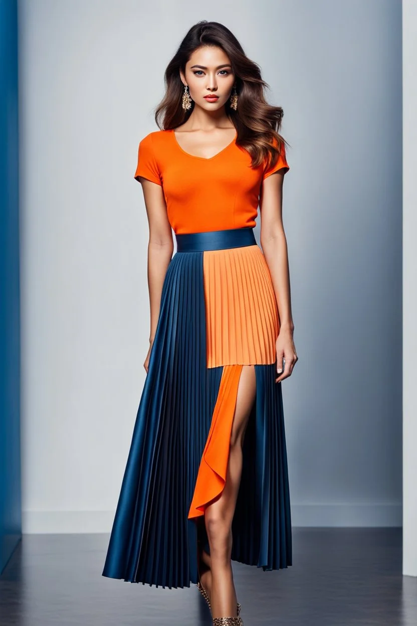 fullbody shot of young-beautiful-ozbek-with-a-perfect-face-with-make-up-wearing-orange top and midi pleated blue skirt