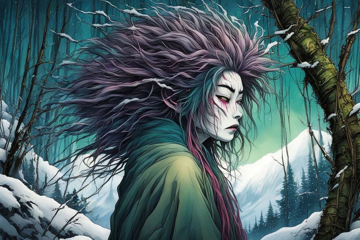 full color 3/4 profile portrait of a haggard and malevolent Harionago yokai "Barbed Woman" with wild, highly detailed hair and slim, narrow facial features, in a haunted snow clad, winter mountain bamboo forest, pierced by shafts of moonlight , art in the style of Alex Pardee, spirited away, studio ghibli, , 8k , finely detailed and precise line work, soft gauzy pastel colors