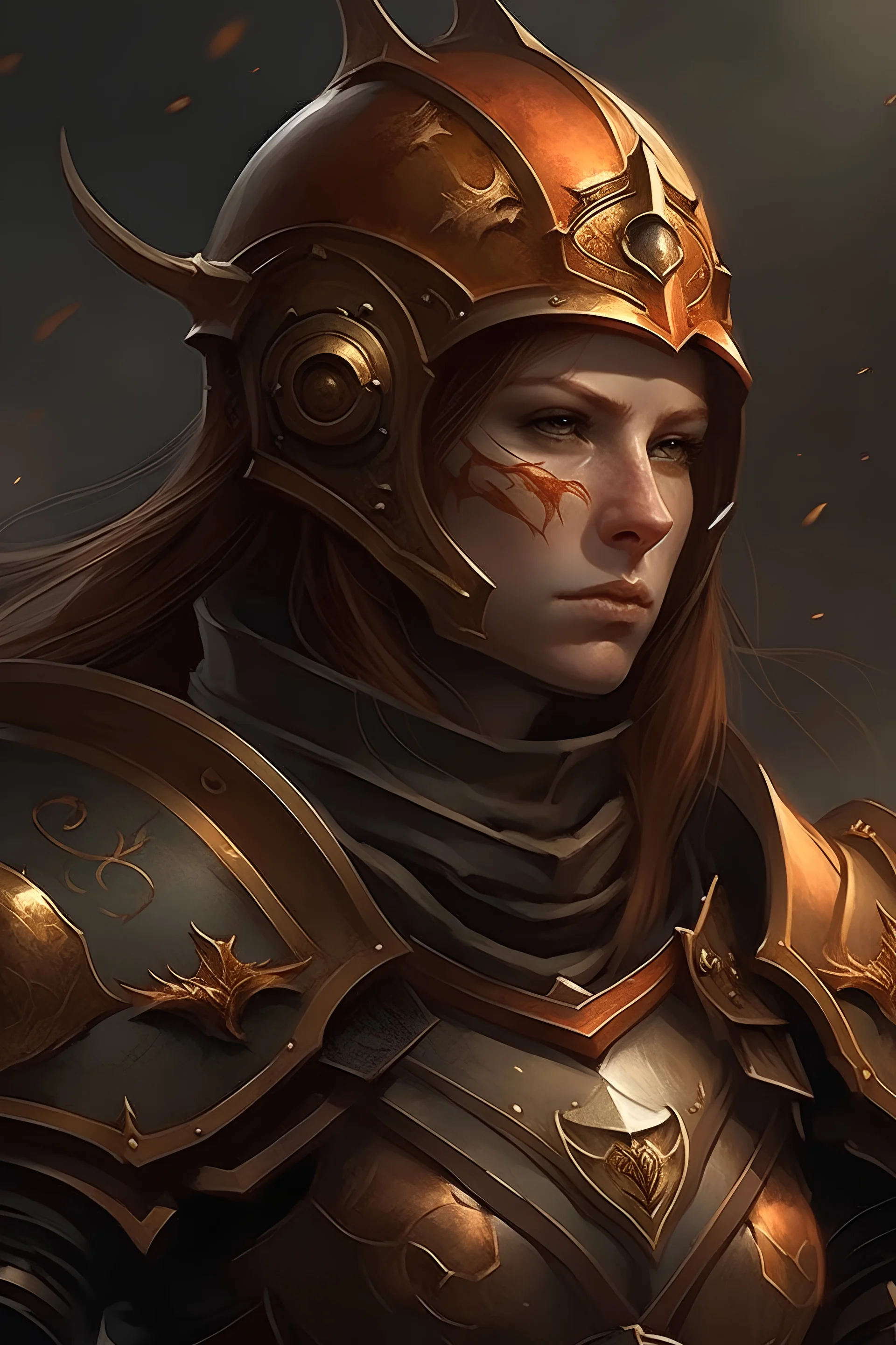 female commander helm in hand looking at the battle fantasy