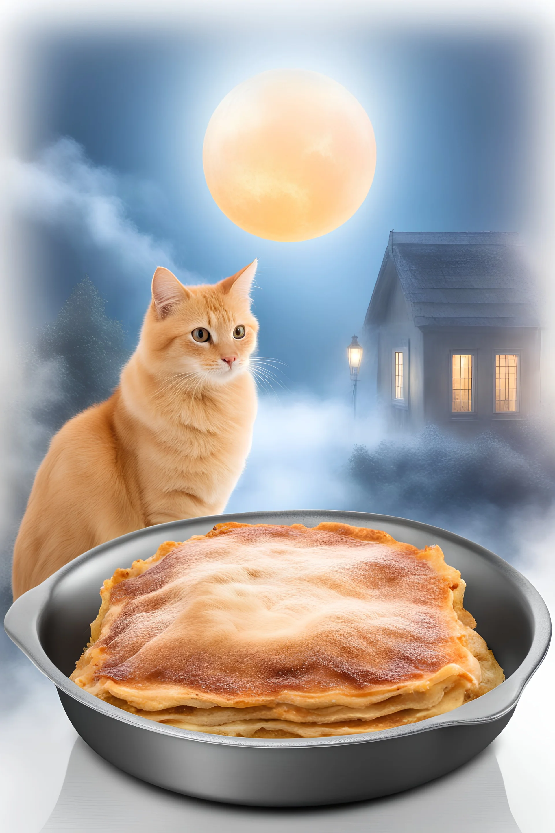 a big, fat, orange tabby cat and a giant pan of Lasagna - gradated Background, professional quality studio 8x10 UHD Digital photograph, multicolored spotlight, Photorealistic, realistic stock photo, Professional quality Photograph. colored Fog - Multicolored lighting,