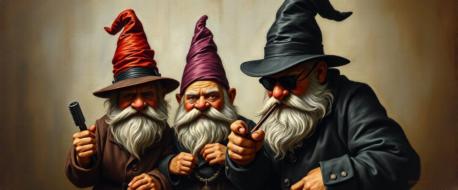 master oil painting by Rembrandt, magia mafia spy gnomes soap opera poster