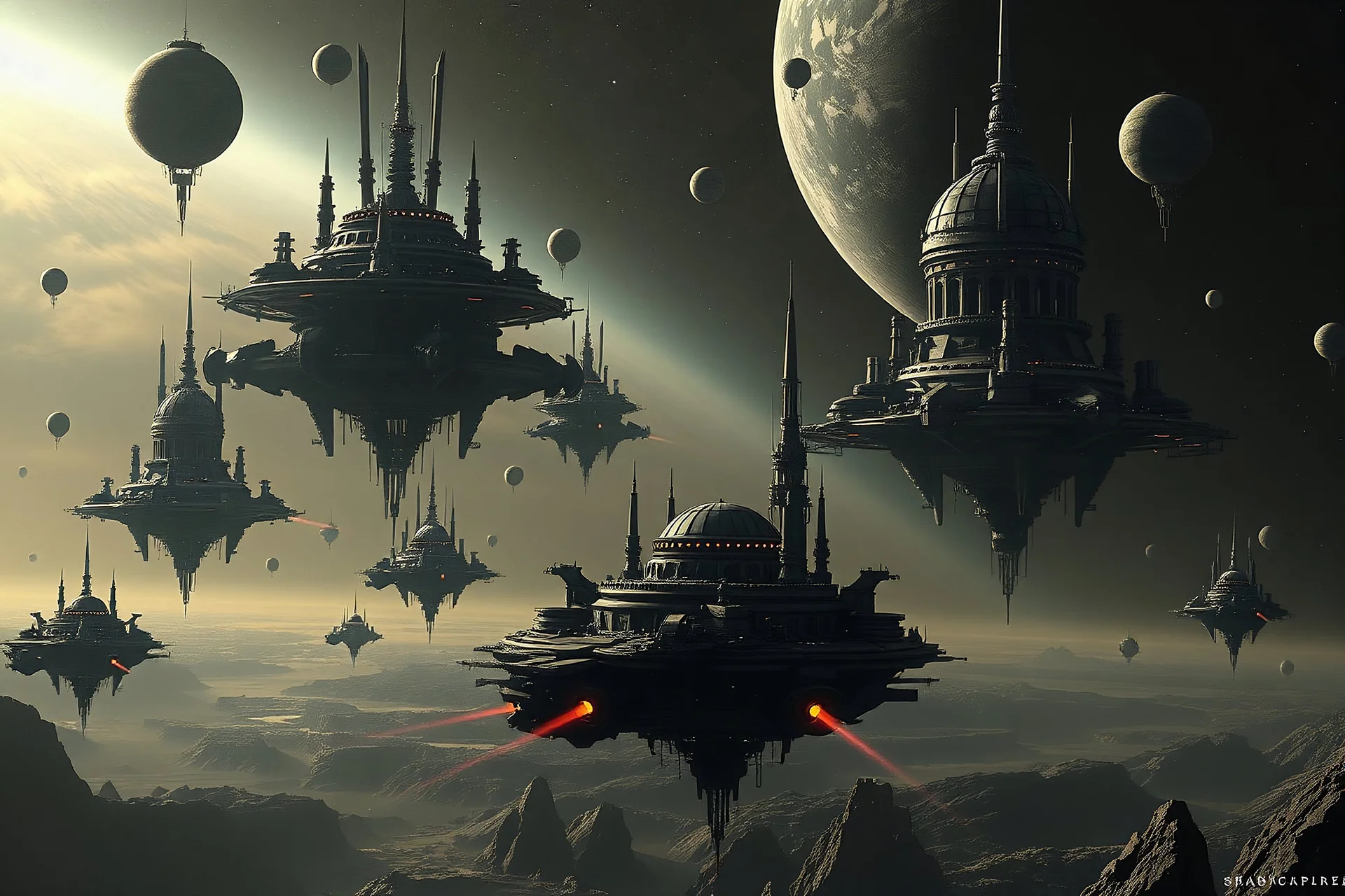 dark sci-fi floating city spacestations