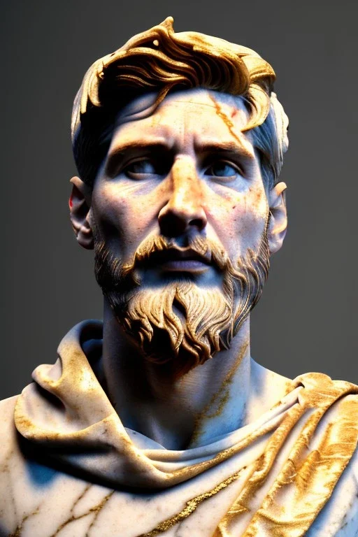 Realistic image, Roman sculpture made in marble with gold veins, Lionel messi, gold laurel leaves crown, waist up portrait,marble material, gold ornaments, Renaissance style, sun rays background, epic, celestial, cinematic lighting, God lights, 4k resolution, smooth details, soft lighting, unreal engine 5, art station, substance 3d.