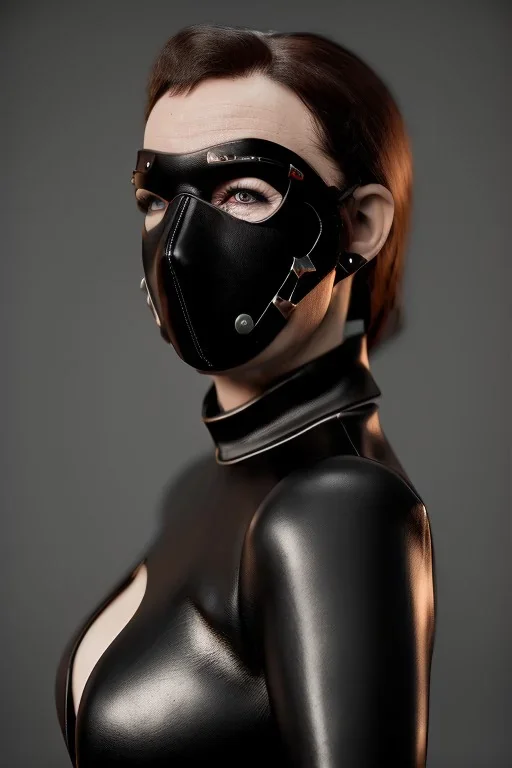 executioner in black leather, mature woman, skintight eye mask, busty, cleavage, evil, angry, bdsm, 8k,dark,