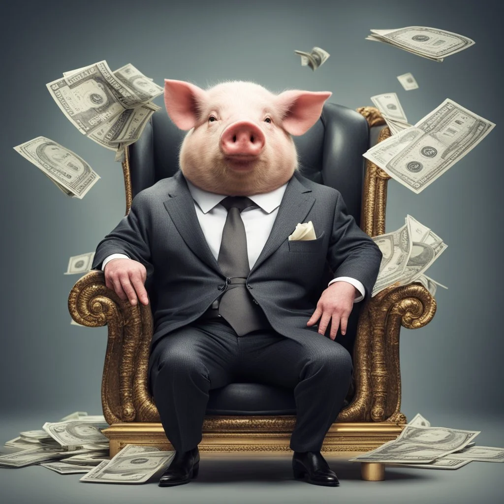 rich pig in suit on a throne making stacks of money by making a deal with a buisnessman