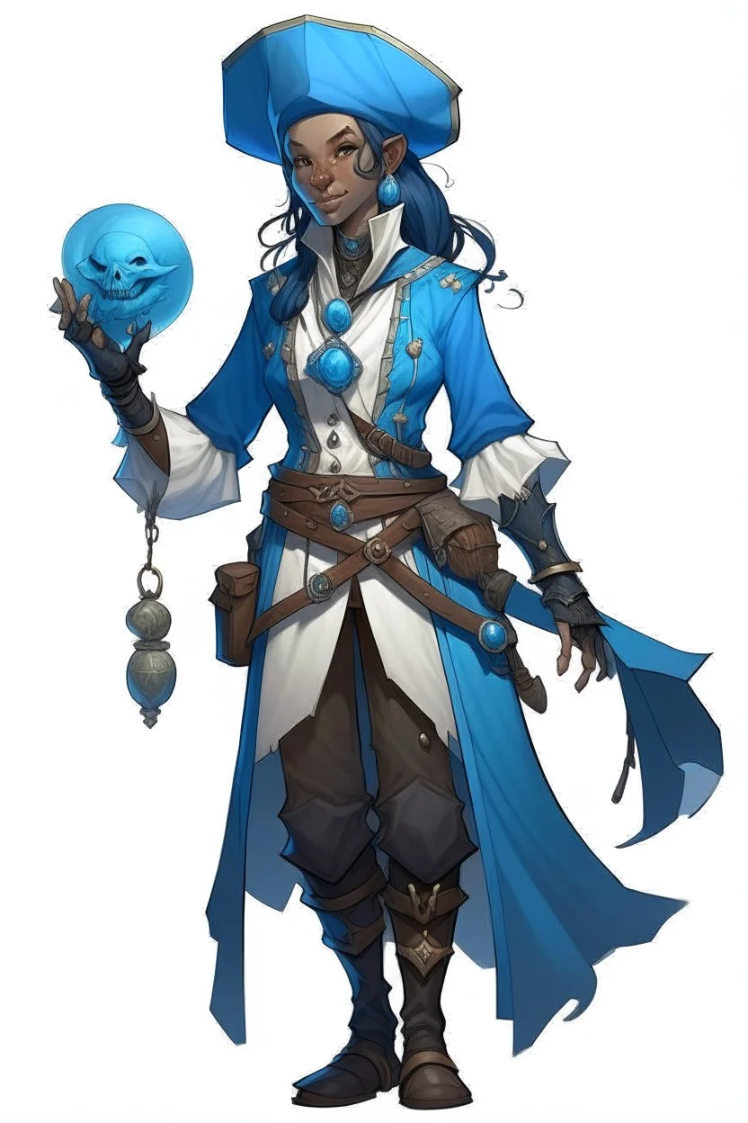 young female dnd air genasi pirate cleric with blue skin