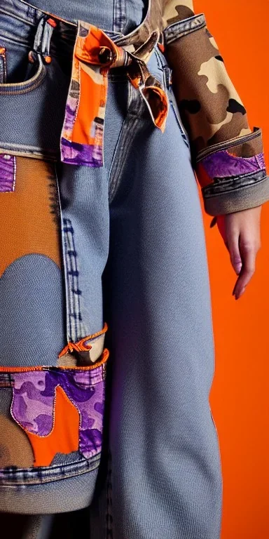 sérigraphie on denim with orange,terracotta, cream and purple colors. Camouflage patterns are screen printed on denim. Brunette woman in her 30's. thick thighs, thick calves, flat belly, wide hip. Mantle is sewed of recycled Denim and sewed together of camouflage pieces. . It is with big bright purple felt tippet and cream-colored-hood. mantle is merged with satchel. . AKG-style headphones (gold rings!) is merged with small felt cap with small visor. Style: Haute Couture in 1936