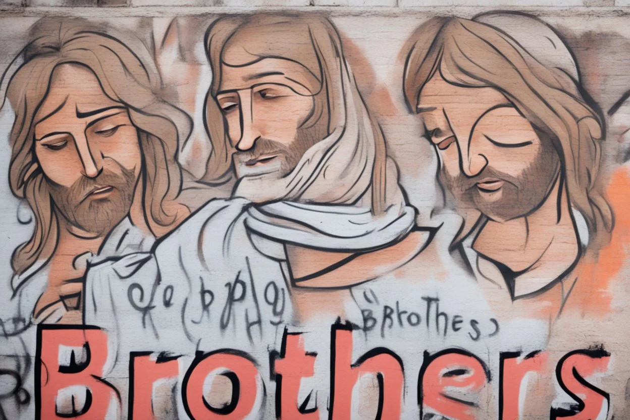 Jesus Christ is Writing the text using a spray can, Write this text everywhere: "KEBAB BROTHERS", "KEBAB BROTHERS", "KEBAB BROTHERS", "KEBAB BROTHERS", "KEBAB BROTHERS", "KEBAB BROTHERS", in Graffiti text, in the train station