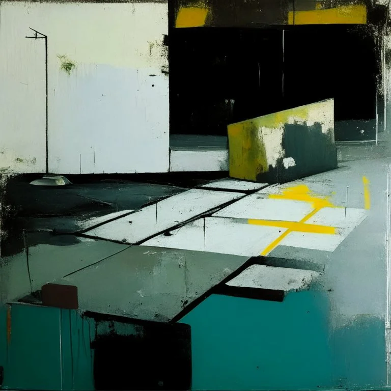 Minimal contemporary abstract oil paintings of desolate 1960s carpark with road markings and concrete fragments. Overlay with grungy typography graphics. style of Justin Mortimer and Francis Bacon.