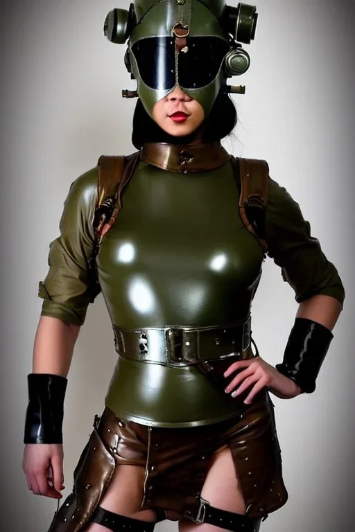 Steam-punk style. Military girls, hot. Reflective surface on face, reflective. Metallic large fencing mask covers the whole face. head full of integrated old-fashioned cameras and phone. Army green surfaces body, latex. Perfect body, thick thighs and calves. Asa Akira's body. Wide hip, skirt bleats nicely. Partly symmetrical. Straitjacket. Rusty and decayed background. Steam-plunge air-bottles. Euclidean 3D-tiling walls. 5th dimensional surface structures. Oppressive atmosphere