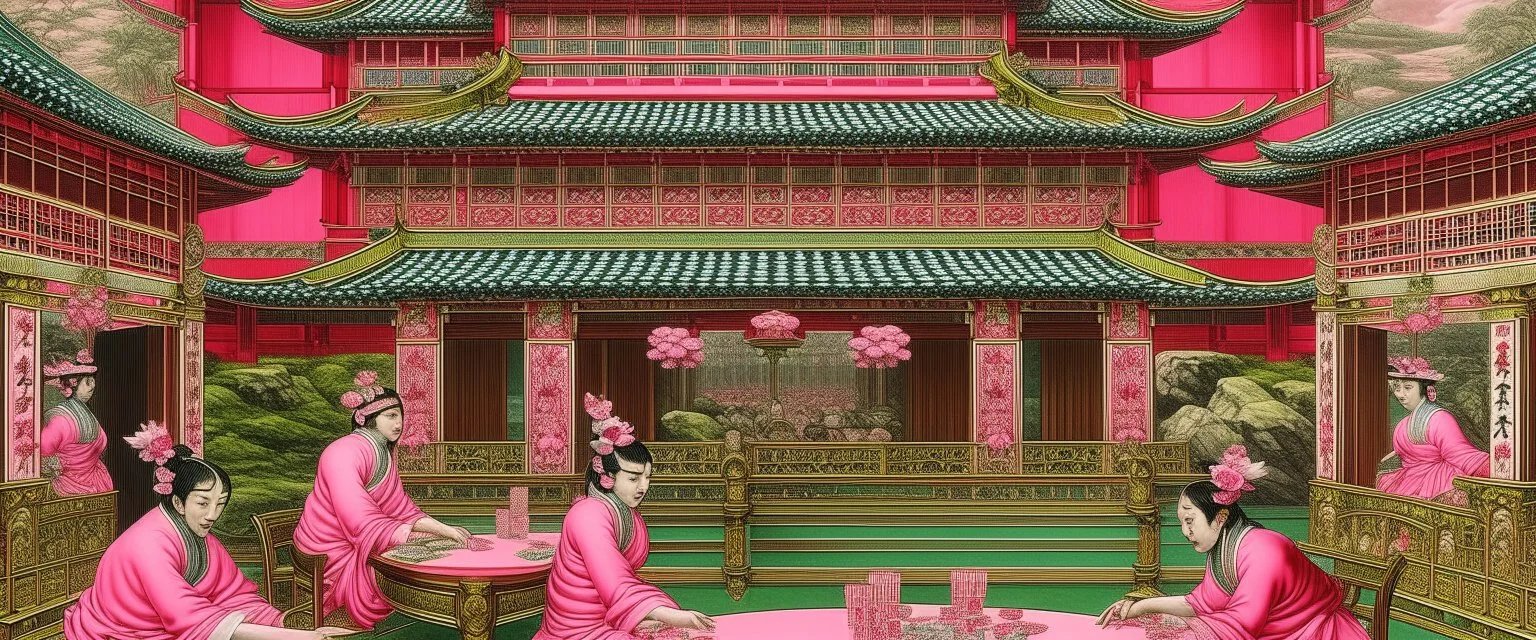 A pink magical casino with runes painted by Utagawa Hiroshige