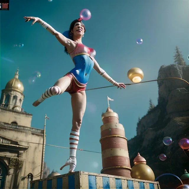 Ultra realistic circus scene. Classic acrobat woman, waist up view, Wes Anderson style, happy, bubbles, highly detailed, concept art, unreal engine 5, god rays, ray tracing, RTX, lumen lighting, ultra detail, volumetric lighting, 3d, finely drawn, high definition, high resolution.