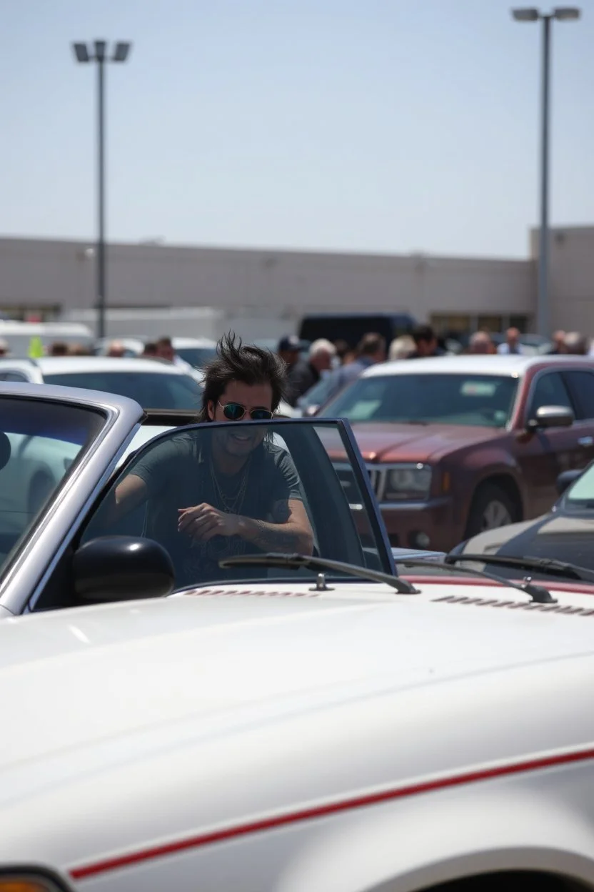 A very angry and bitter punk rocker tries to get in his car, while a other car is to close on a crowded parking lot