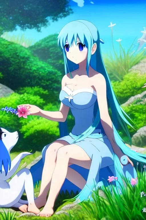 Female sea elf on a picnic with her animal friends,blue hair, blue skin, highly detailed, art by studio ghibli, laughing, nature, Grove, oasis