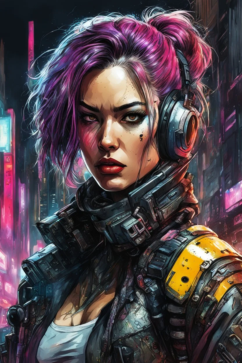 highly detailed full color concept illustration of cyberpunk anti heroine , maximalist, sharp focus, highest resolution, in the styles of Denis Forkas and Masahiro Ito, boldly inked, 8k, coarse, gritty textures