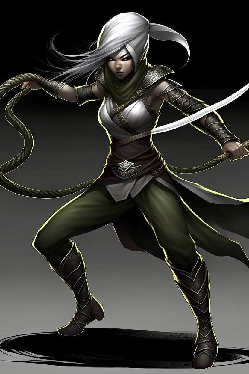 female gray skin Shadar-Kai wielding a Whip a whip made out of black thorns