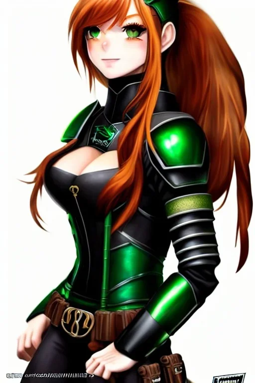 In the style of Shadman, hyper detailed, strikingly beautiful teen female, 16 years old, long ponytail, ginger hair, green eyes, medium freckles, full lips, micro top, black leather armour lined with fur, full body, full face, tiny breasts, athletic, centred camera, ignore NSFW, thong, camel toe, athletic