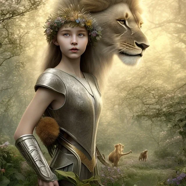 Young beautiful girl wearing floral crown and standing next to a stunning lion on nature forest path, Chronicles of Narnia, 8k resolution, high-quality, fine-detail, iridescent, intricate, digital art, detailed matte, volumetric lighting, beautiful, illustration, 3D octane render, brian froud, howard lyon, selina french, anna dittmann, annie stokes, lisa parker, greg rutowski,