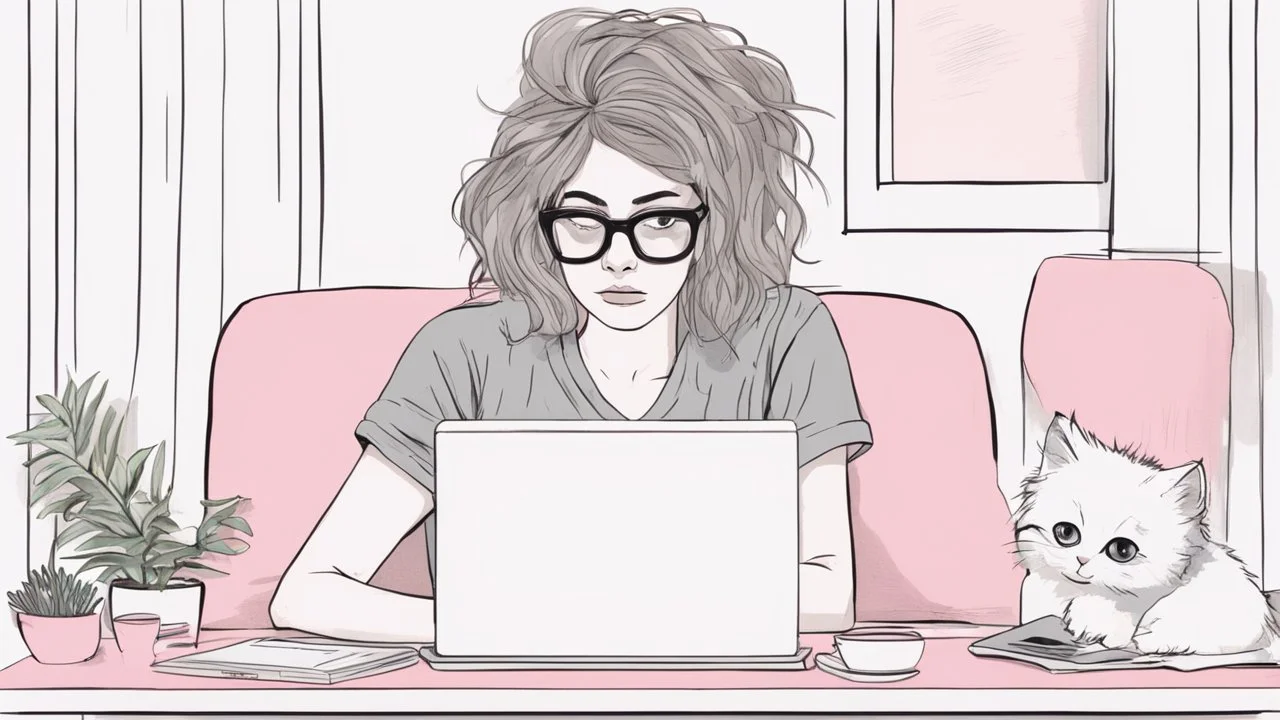 home office fashion, in a cozy living room a woman sitting on a sofa open laptop in front of her she is working, she wearing a loose gray T-shirt with holes and stains in a few places and "text":"I hate humanity!" she is big messy hair and glasses top of her head. wearing pink pajama pants with a cute cat head pattern her home fashion, surrounded notes, paper, calendar, crumpled paper, on table front her coffee mugs, mineral water, books, the room is a mess, very detailed, anime style, cartoon