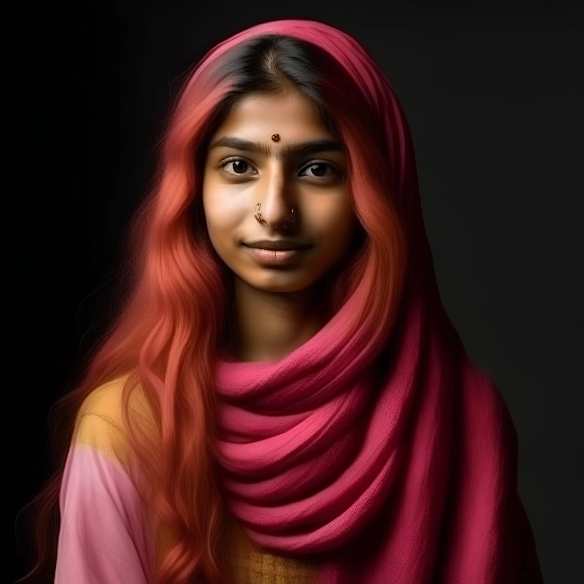 Young Indian womanwith long pink woollen hair