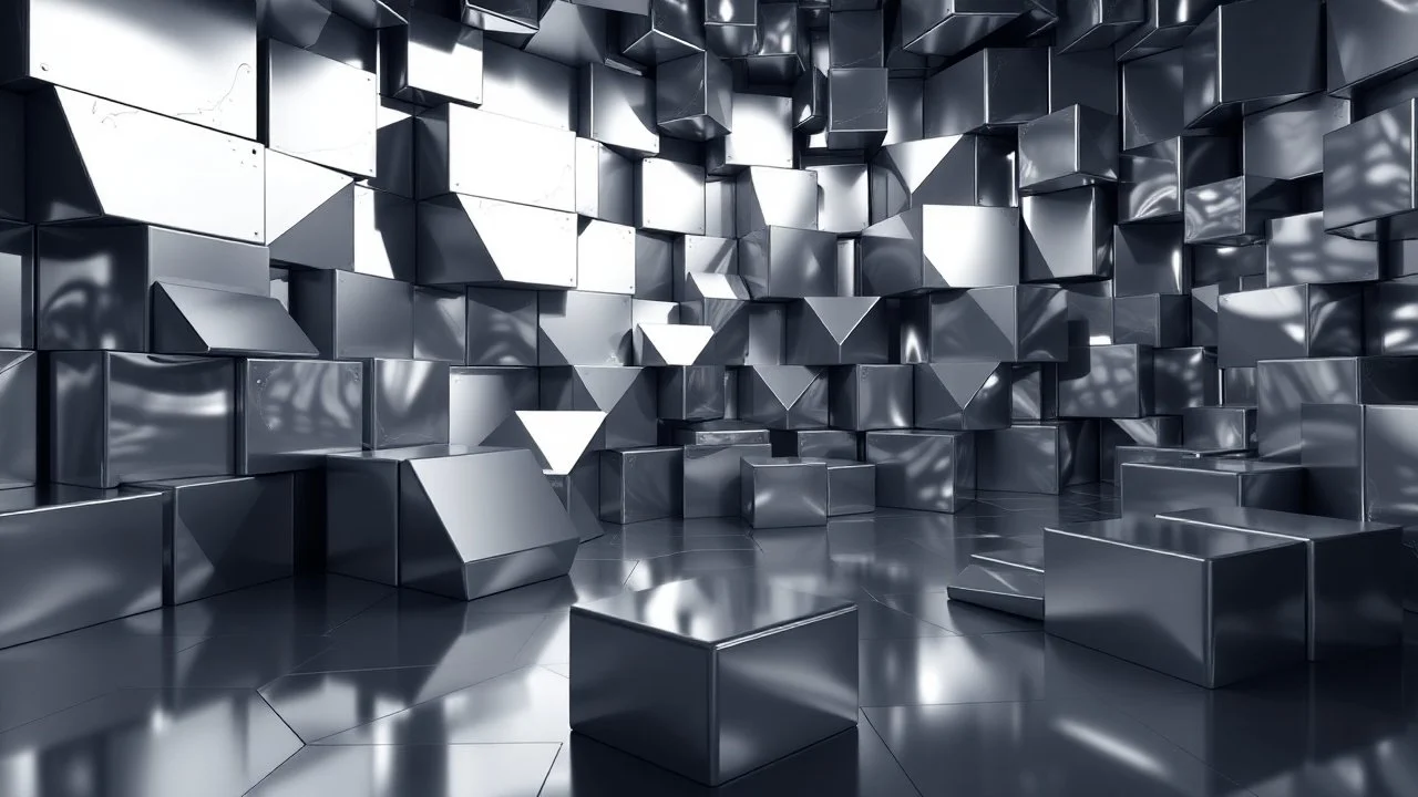 a stage made of recursive 3d fractal like of metallic miror surface cubes , pertty artistc background