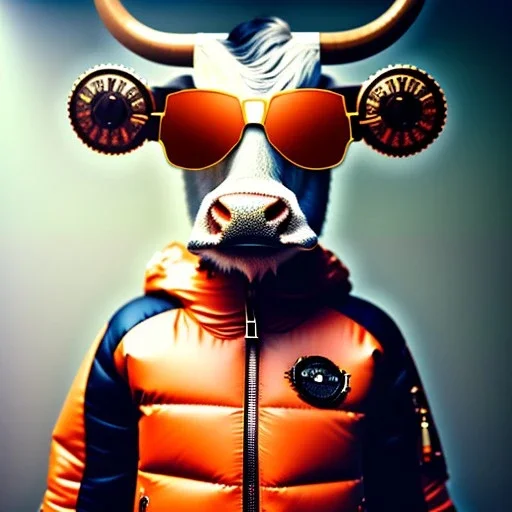 Cow toddler, smile, steampunk headphone, sunglass, gangsta neckless, full body, orange puffer jacket, tokio background, dramatic lighting, hyper realistic, unreal engine 5, 16k