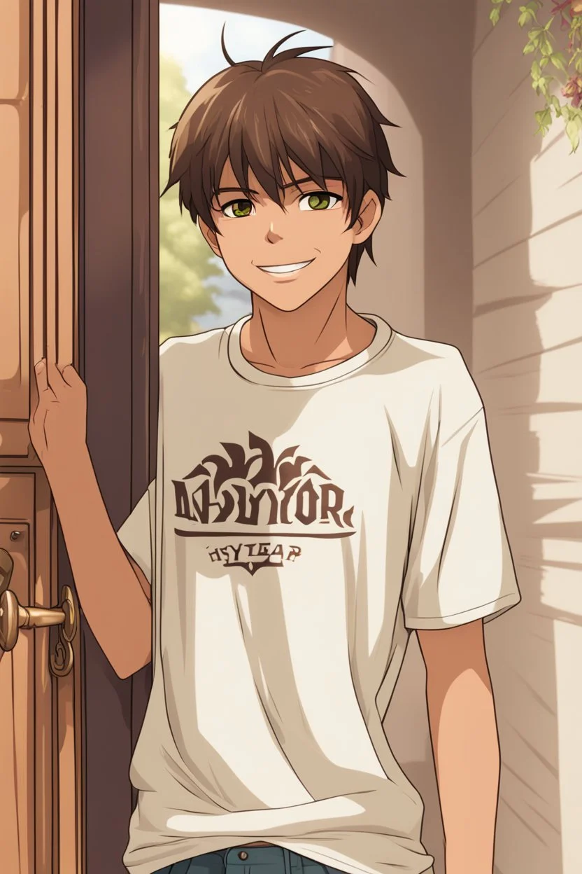 15 year old young boy with lightly tanned skin and brown hair wearing a teeshirt, standing by a door, smiling, Fantasy